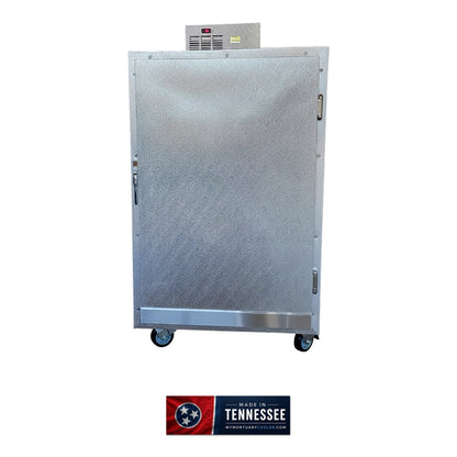 2 body upright mortuary cooler, side view on casters, made in Tennessee