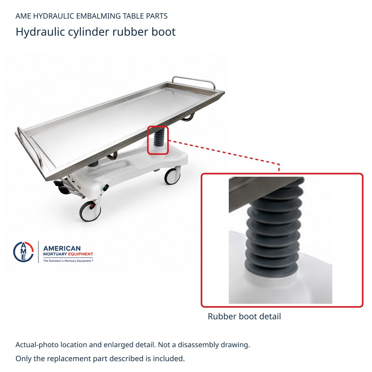 AME Hydraulic Embalming Table Rubber Cylinder Boot; AME-HT-BOT; actual-photo part identification reference