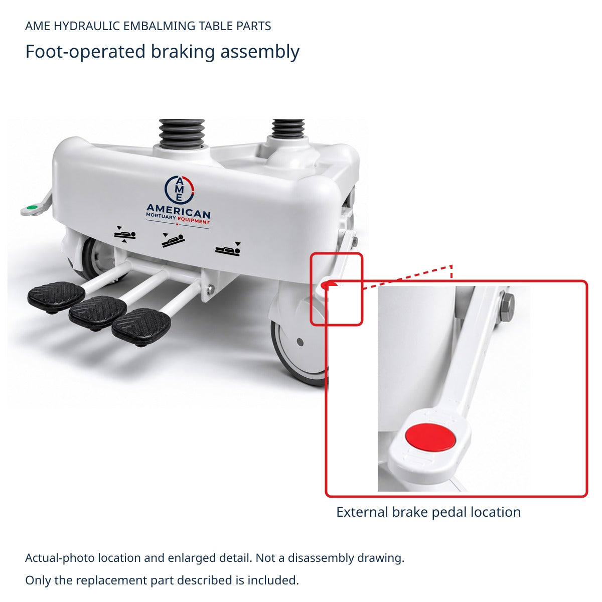 External brake-pedal location on an AME hydraulic embalming table; identification reference, not a removed braking assembly
