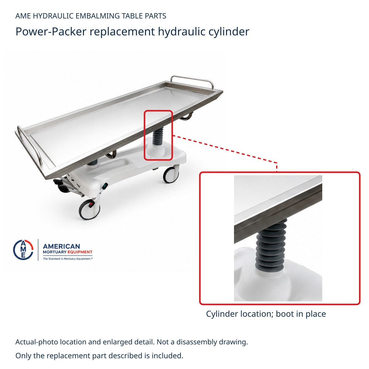 AME hydraulic embalming table with cylinder location highlighted beneath the rubber boot; bare cylinder is not visible