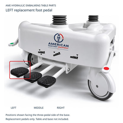 FS1-1000 and FS1-1001 hydraulic embalming table left replacement foot pedal highlighted; viewed facing pedal side
