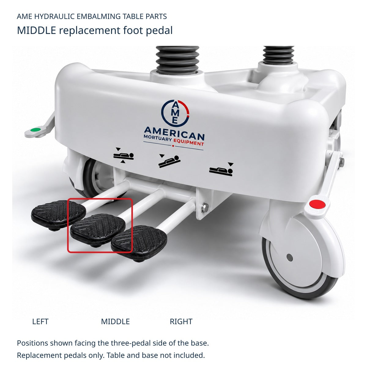 FS1-1000 and FS1-1001 hydraulic embalming table middle replacement foot pedal highlighted; viewed facing pedal side