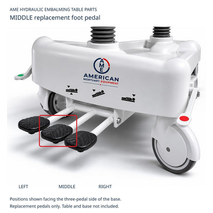 FS1-1000 and FS1-1001 hydraulic embalming table middle replacement foot pedal highlighted; viewed facing pedal side