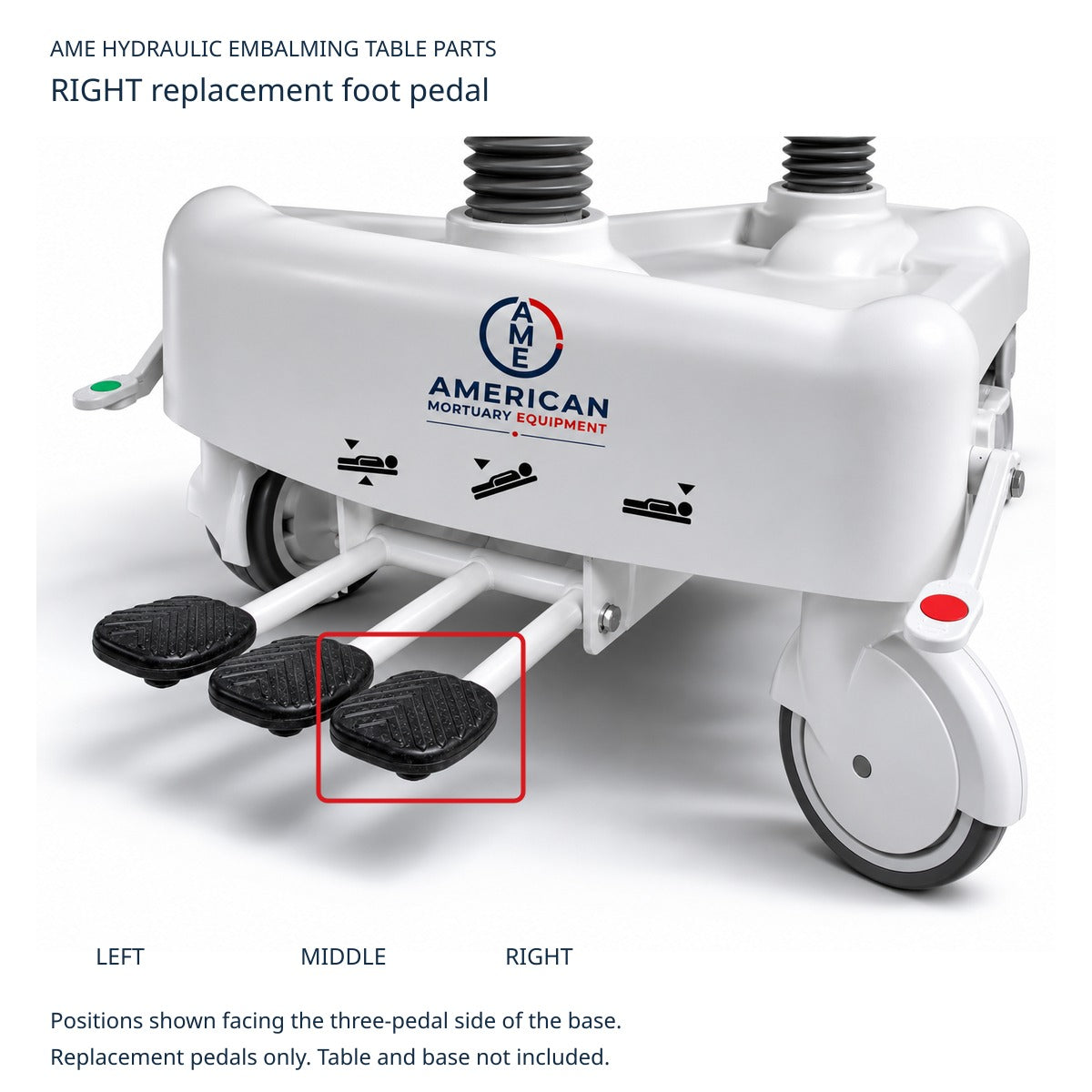 FS1-1000 and FS1-1001 hydraulic embalming table right replacement foot pedal highlighted; viewed facing pedal side