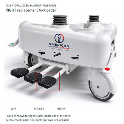 FS1-1000 and FS1-1001 hydraulic embalming table right replacement foot pedal highlighted; viewed facing pedal side