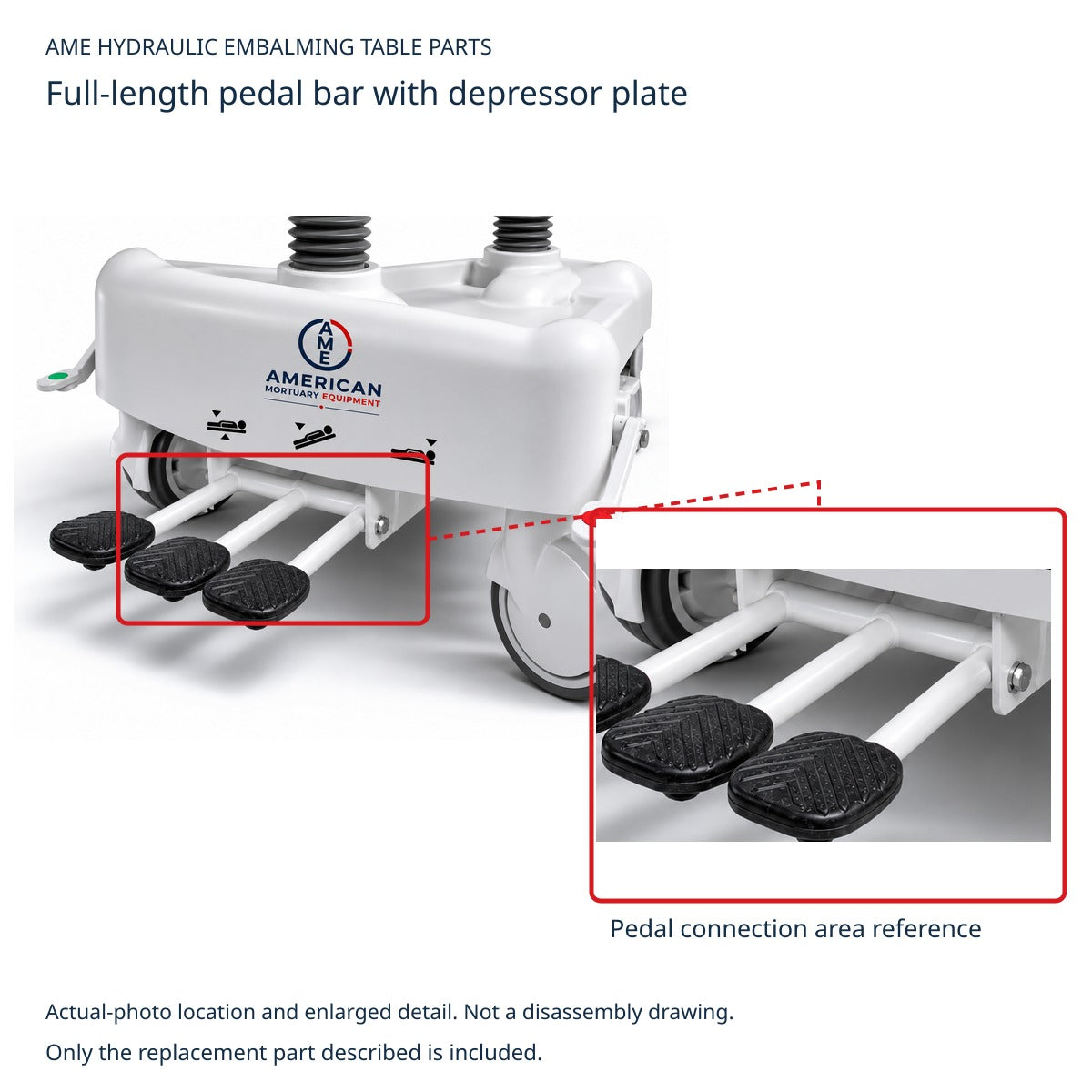 Pedal-connection area on an AME hydraulic embalming table; concealed pedal bar and depressor plate are not exposed