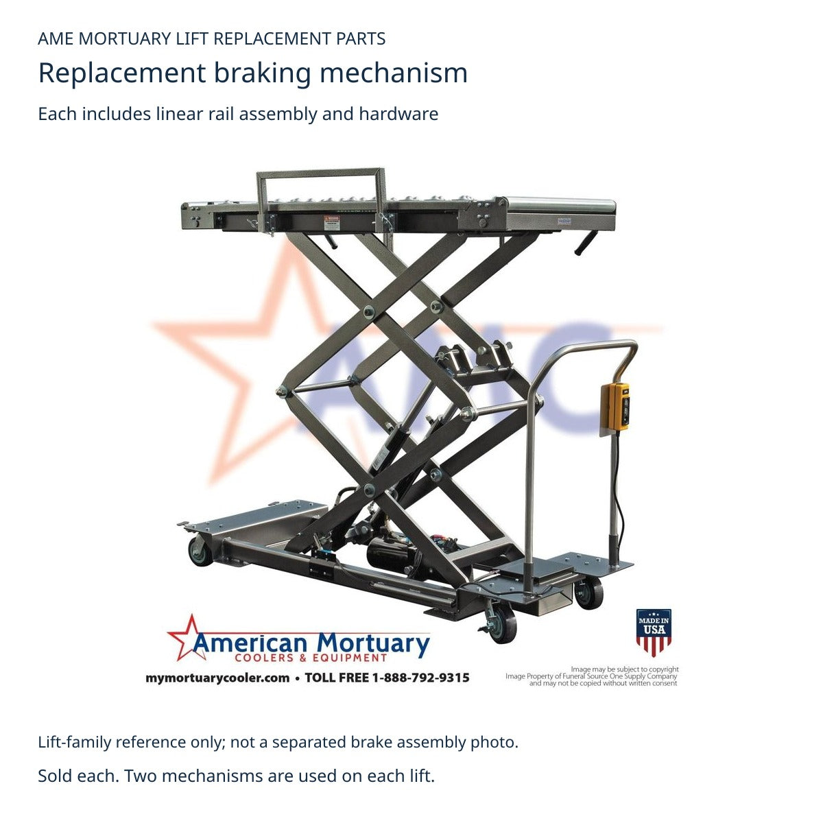 Low Profile mortuary lift shown for compatible-family identification; removed braking mechanism and linear rail are