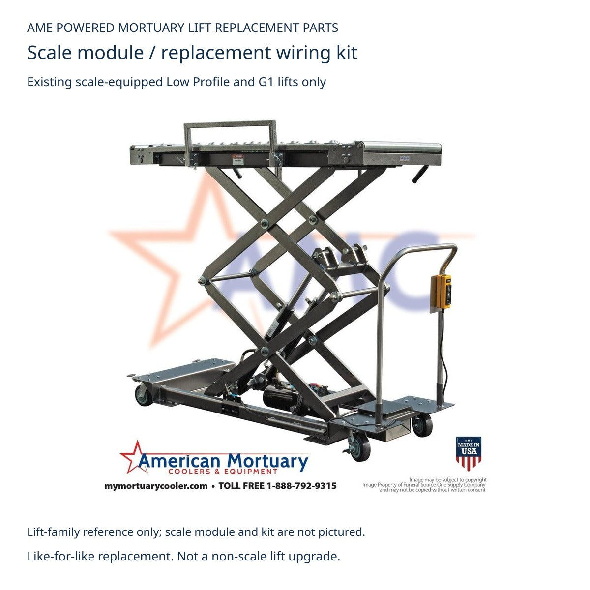Low Profile mortuary lift shown for compatible-family identification; replacement scale module and wiring kit are