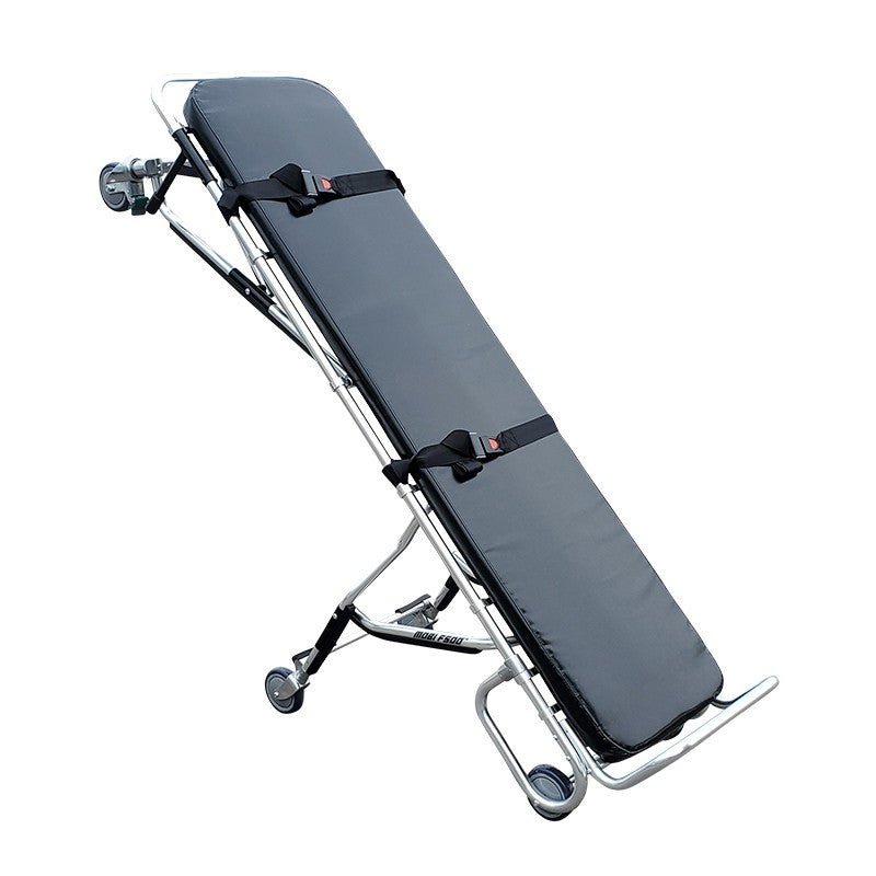 AME Model 500 mortuary stretcher locking swivel wheels detail for safe body transport
