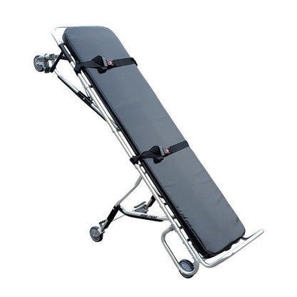 AME Model 500 mortuary stretcher locking swivel wheels detail for safe body transport
