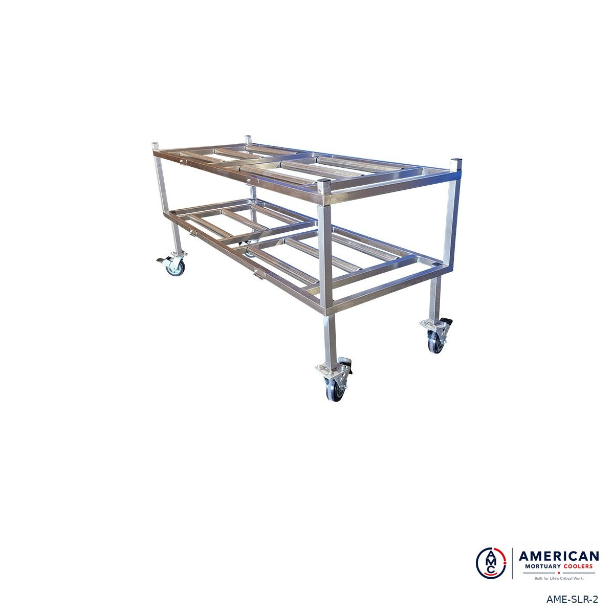 AME SLR-2 two-tier stainless steel side-loading mortuary roller rack with locking casters, angled view