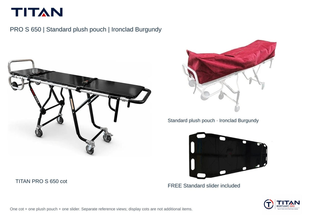 TITAN PRO S 650 package, Ironclad Burgundy: selected Standard plush pouch shown, plus included free Standard slider board. One cot supplied; separate reference views.