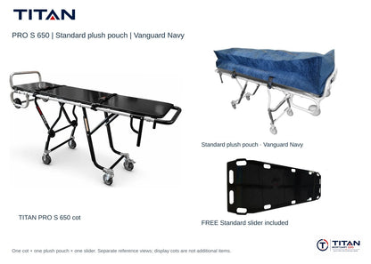 TITAN PRO S 650 package, Vanguard Navy: selected Standard plush pouch shown, plus included free Standard slider board. One cot supplied; separate reference views.