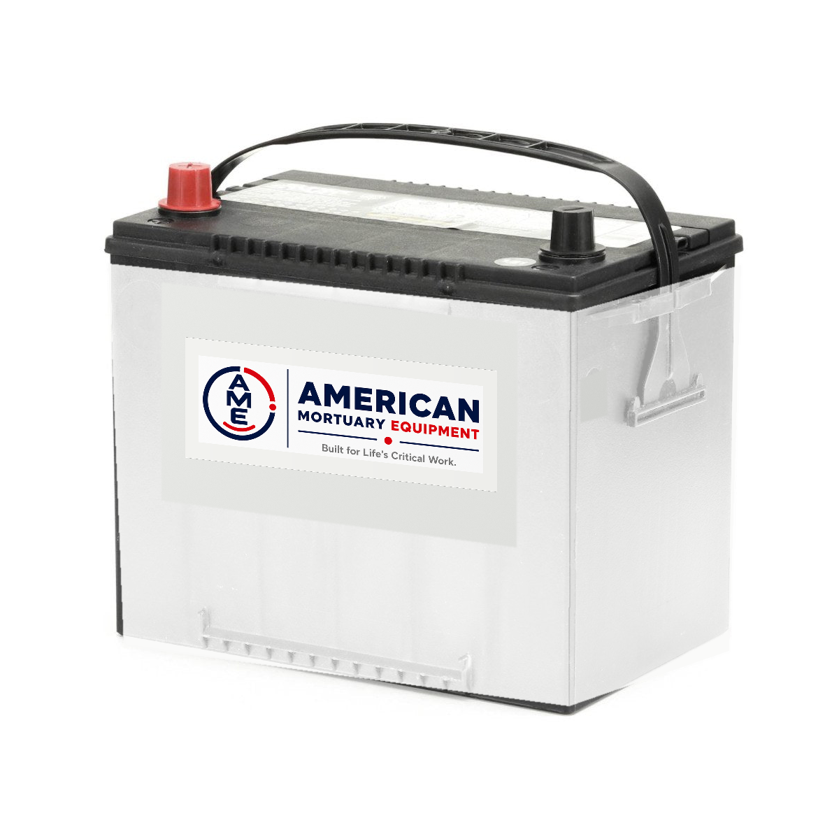 White lawn-and-garden-style replacement battery with the official American Mortuary Equipment logo; representative photo-based image