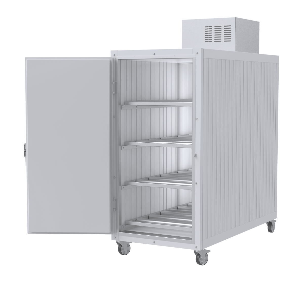 American-made 4-body upright mortuary cooler handcrafted in Tennessee, featuring durable stainless steel construction and Energy Act–compliant refrigeration.