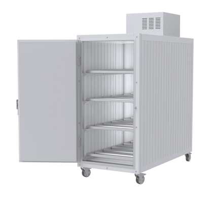 American-made 4-body upright mortuary cooler handcrafted in Tennessee, featuring durable stainless steel construction and Energy Act–compliant refrigeration.