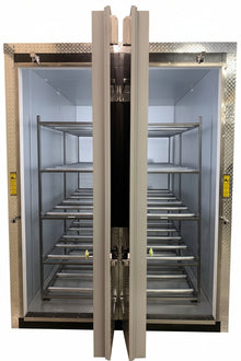 Exterior front view of the American Mortuary 10-body upright cooler featuring a two-door high-density vertical configuration, heavy-duty chrome hardware, and professional digital temperature control for morgues.
