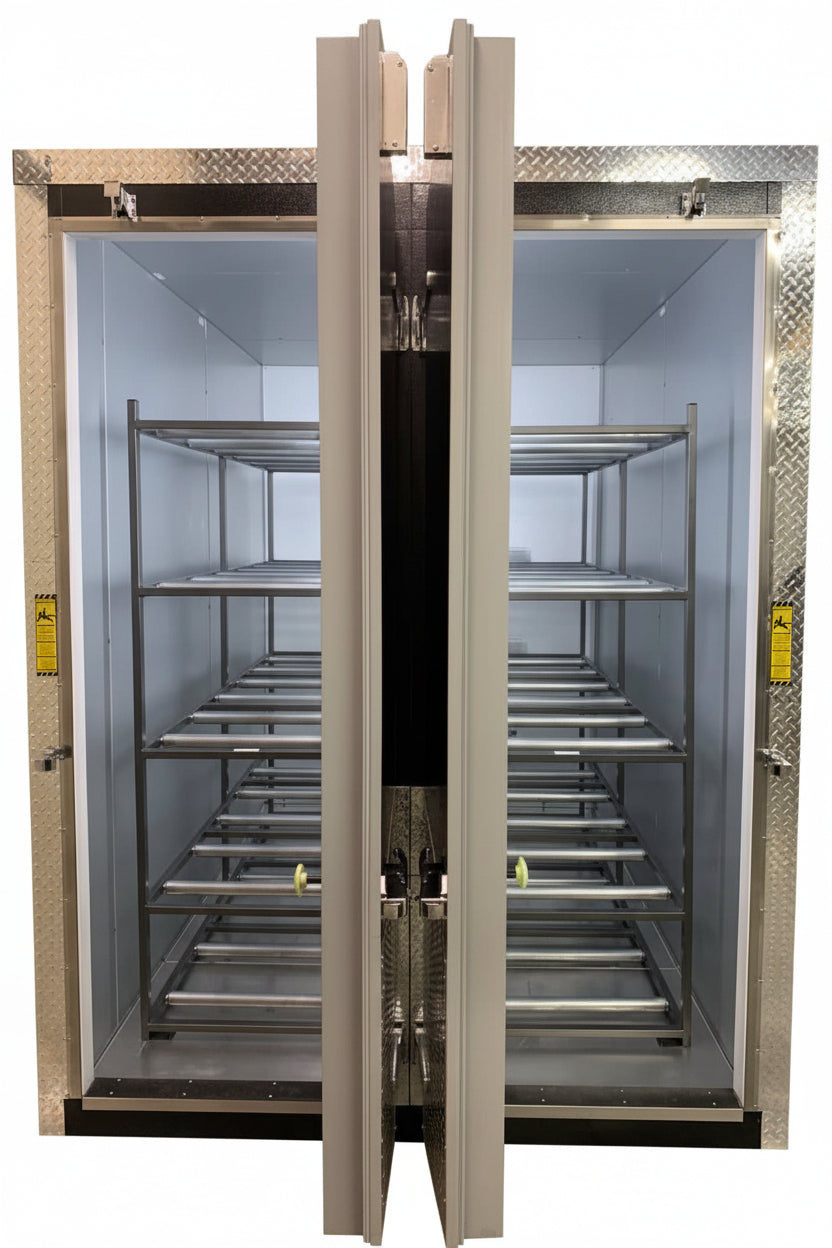 Exterior front view of the American Mortuary 10-body upright cooler featuring a two-door high-density vertical configuration, heavy-duty chrome hardware, and professional digital temperature control for morgues.