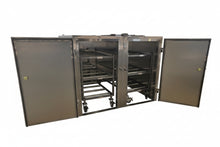 Exterior view of the American Mortuary 6-body capacity cooler featuring a dual-door design, chrome-plated heavy-duty hardware, and a digital temperature control system for funeral home and morgue use.