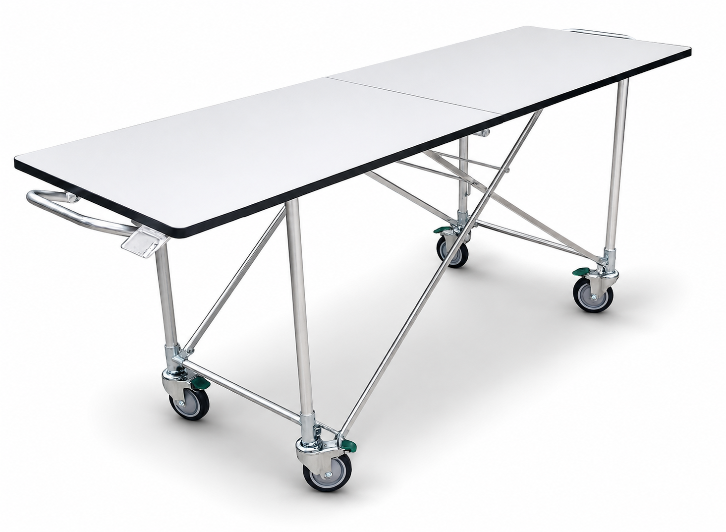 American-made folding mortuary dressing table — stainless steel cadaver prep surface with locking casters | American Mortuary Coolers