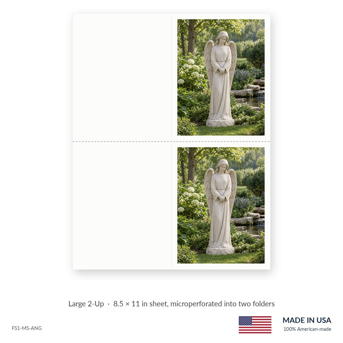 Angel's Garden funeral service folders, Large 2-Up 8.5 × 11 in sheet microperforated into two folders, Funeral Source One FS1-MS-ANG