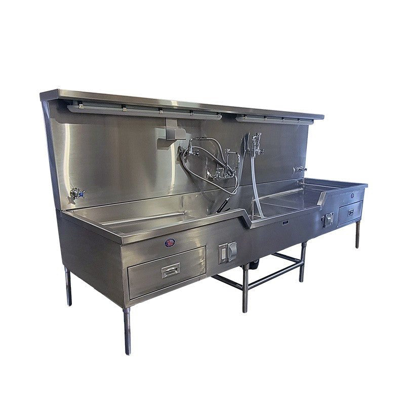 Hydro aspirator and flexible spray hose on forensic pathology autopsy sink station