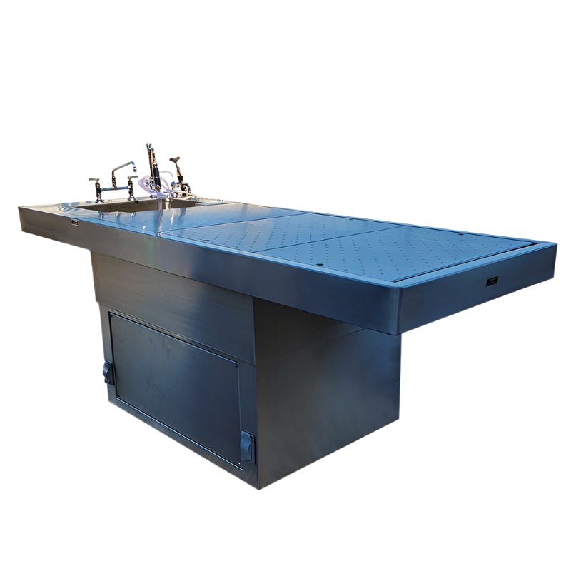 USPE-1035-PED integrated sink with hydro aspirator on pedestal autopsy lab table, inline specimen washing, dissection-grade 304 stainless