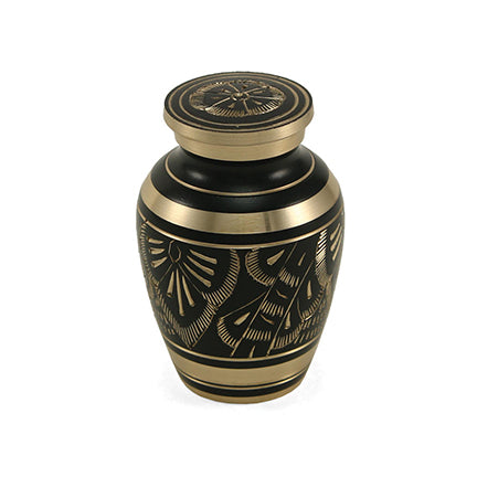 Black and Brass Etched Leaf Mini Keepsake Urn, Mini Keepsake, 2.4 x 1.7 x 1.7 in