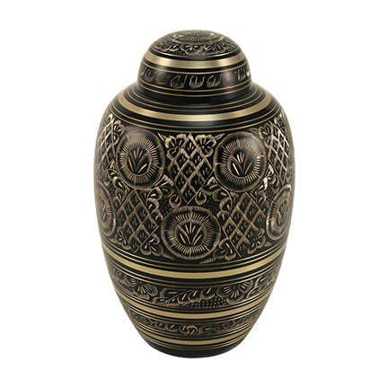Black and Gold Etched Floral Brass Full Size Cremation Urn