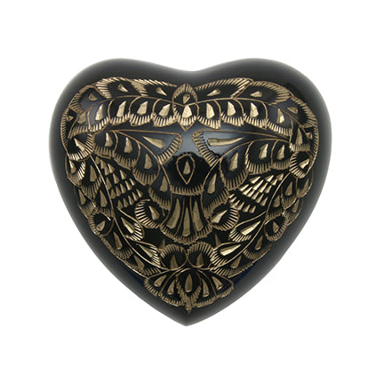 Black and Gold Etched Floral Brass Heart Keepsake Urn, Heart Keepsake, 2.7 x 2.9 x 1.6 in