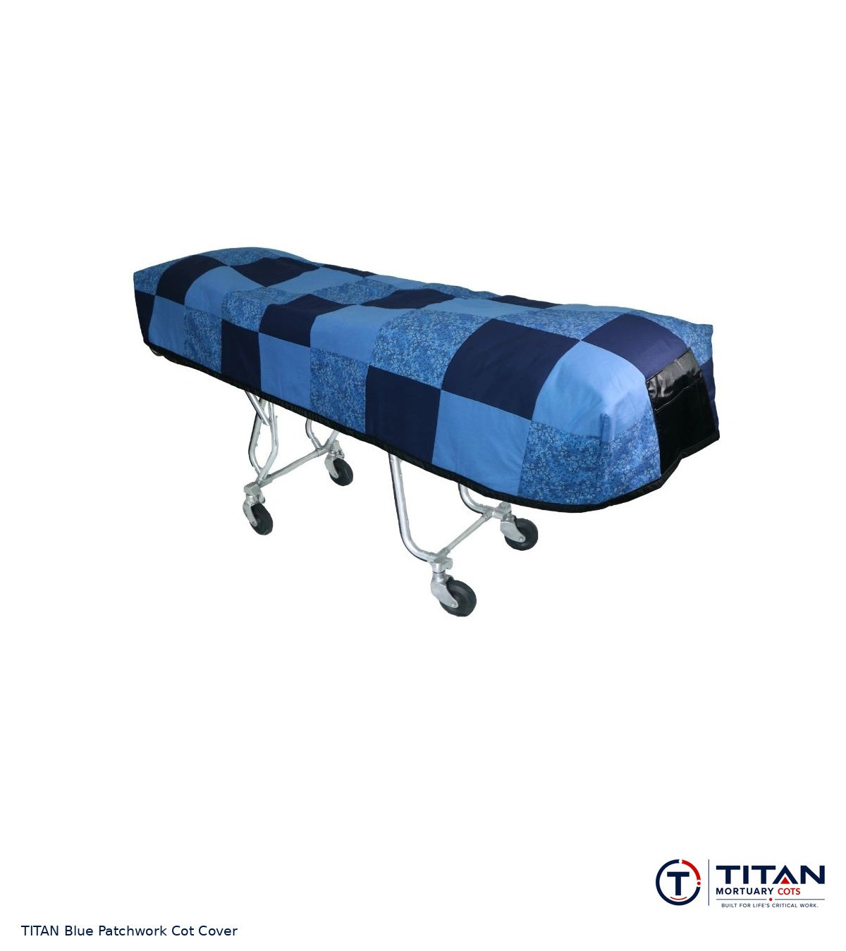 TITAN Blue Patchwork quilted cot cover, fabric face; select American Flag Reversible or Standard Black Lining.