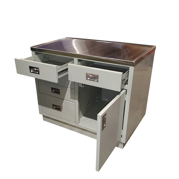 Full-front view of the 1400-EVT veterinary examination table with polished 304 stainless steel top and powder-coated galvanized steel base