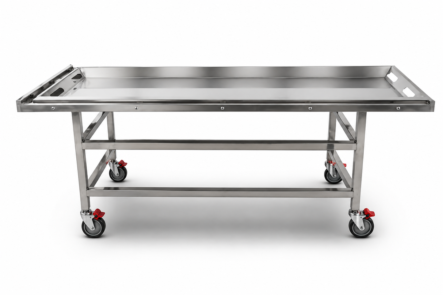 Cadaver carrier roller deck docked to U.S. Pathology autopsy sink station for body tray transfer (sink sold separately)