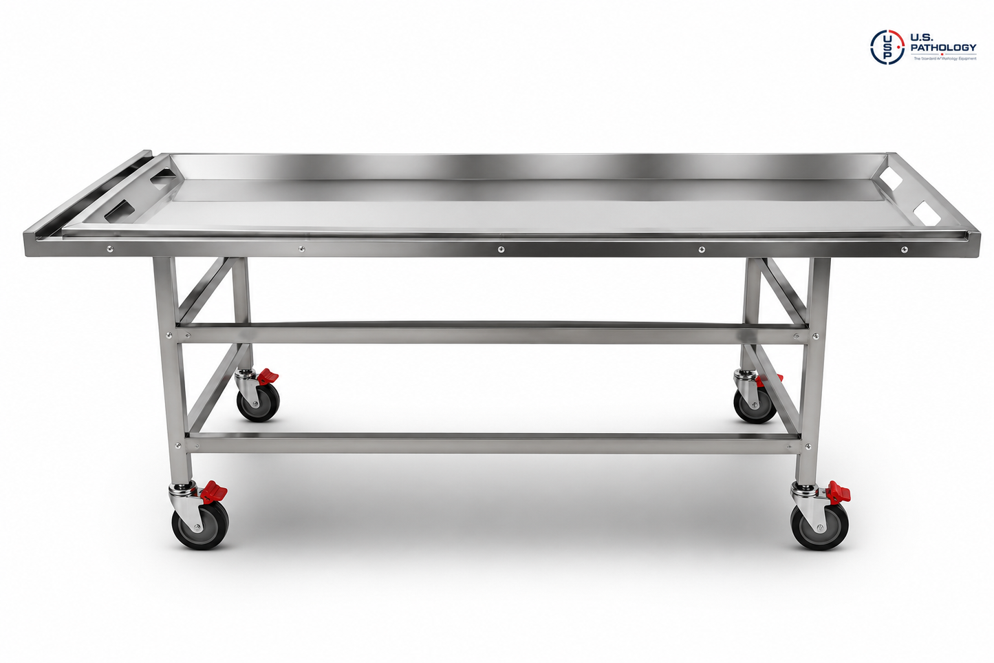 Cadaver carrier with rollers, stainless steel autopsy transfer cart with locking casters — U.S. Pathology USP-6000-A-NA-T