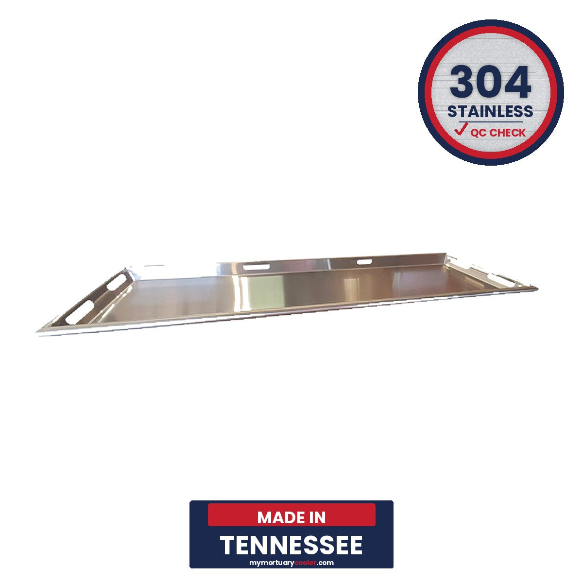 Stainless steel body tray surface detail, non-porous high-buff finish for morgue rack and cooler use