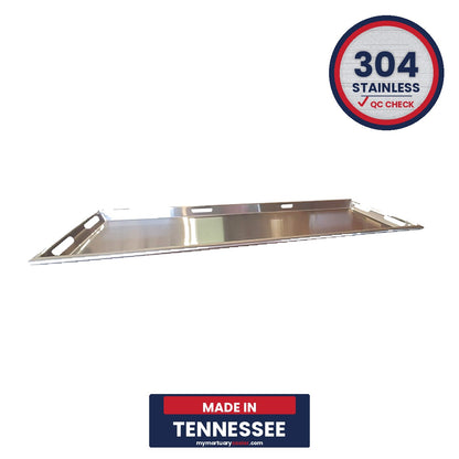 Stainless steel body tray surface detail, non-porous high-buff finish for morgue rack and cooler use