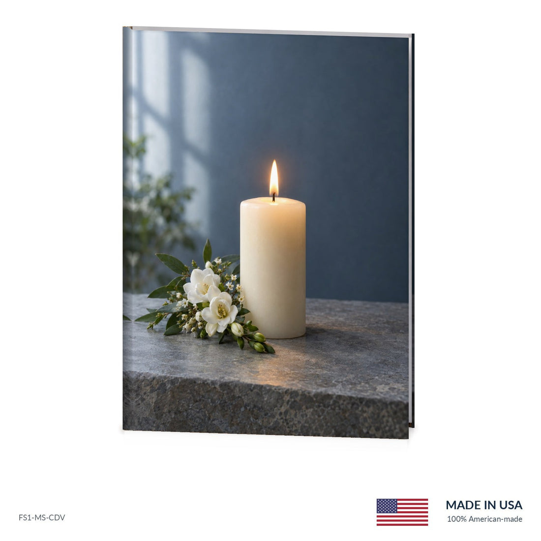 Candle Vigil funeral register book with full-color cover wrap and visible page edge, Funeral Source One FS1-MS-CDV, Made in the USA