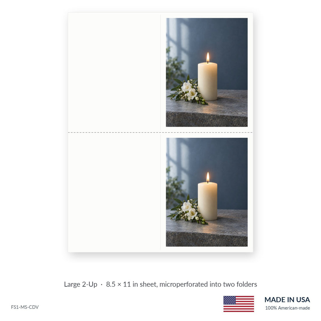 Candle Vigil funeral service folders, Large 2-Up 8.5 × 11 in sheet microperforated into two folders, Funeral Source One FS1-MS-CDV