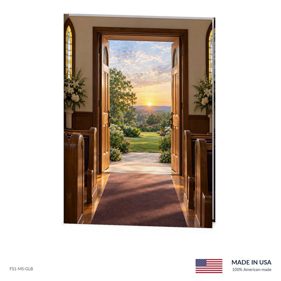 Church Doors funeral register book with full-color cover wrap and visible page edge, Funeral Source One FS1-MS-GLB, Made in the USA