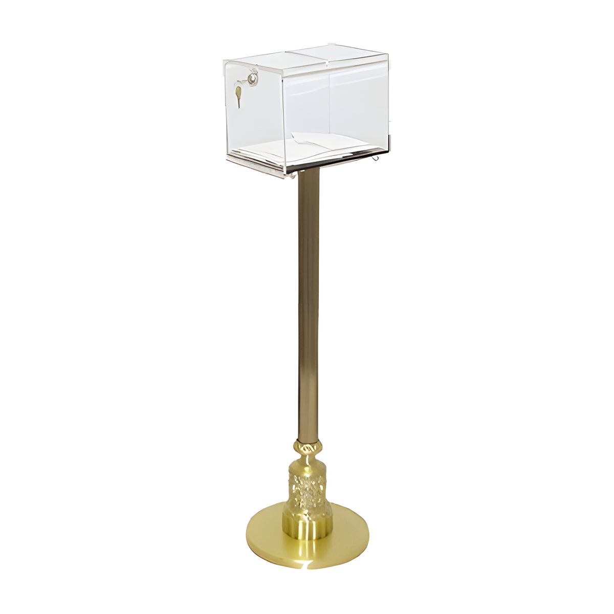 Clear Contribution Box in clear acrylic on a bronze-finish stand by American Mortuary Equipment