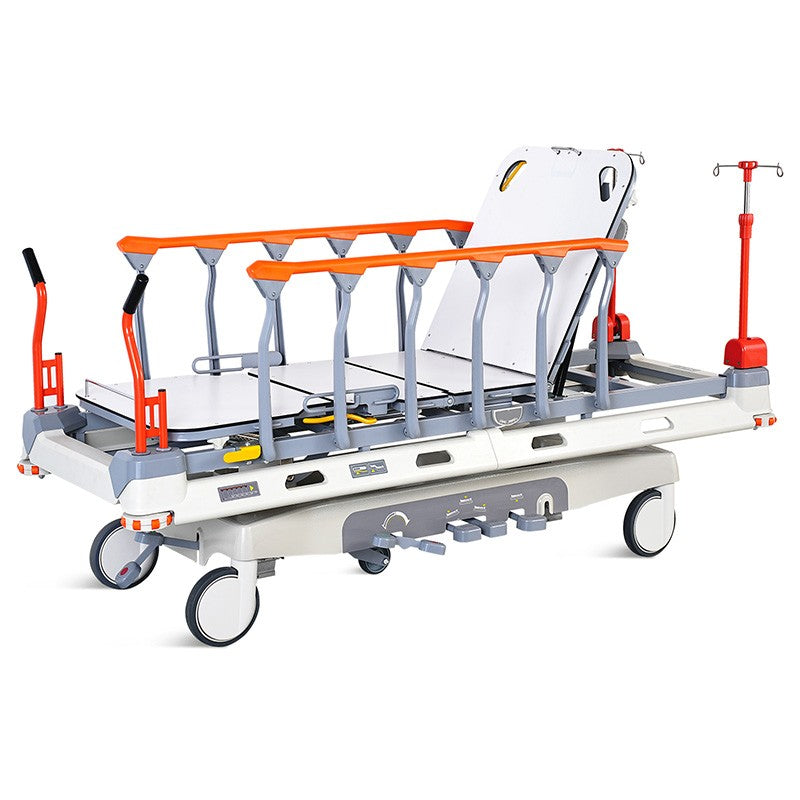 The Deathcare.Inc Transport Clinical Stretcher shown in an advanced hands-free Trendelenburg tilt position, highlighting the 304 surgical stainless steel chassis and fold-down protective side rails from medicalstretchers.com.