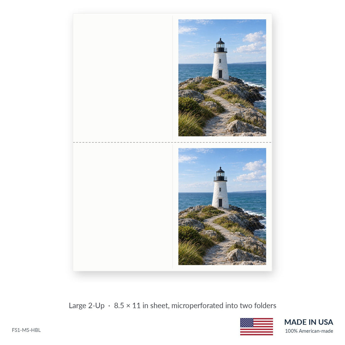 Coastal Lighthouse funeral service folders, Large 2-Up 8.5 × 11 in sheet microperforated into two folders, Funeral Source One FS1-MS-HBL