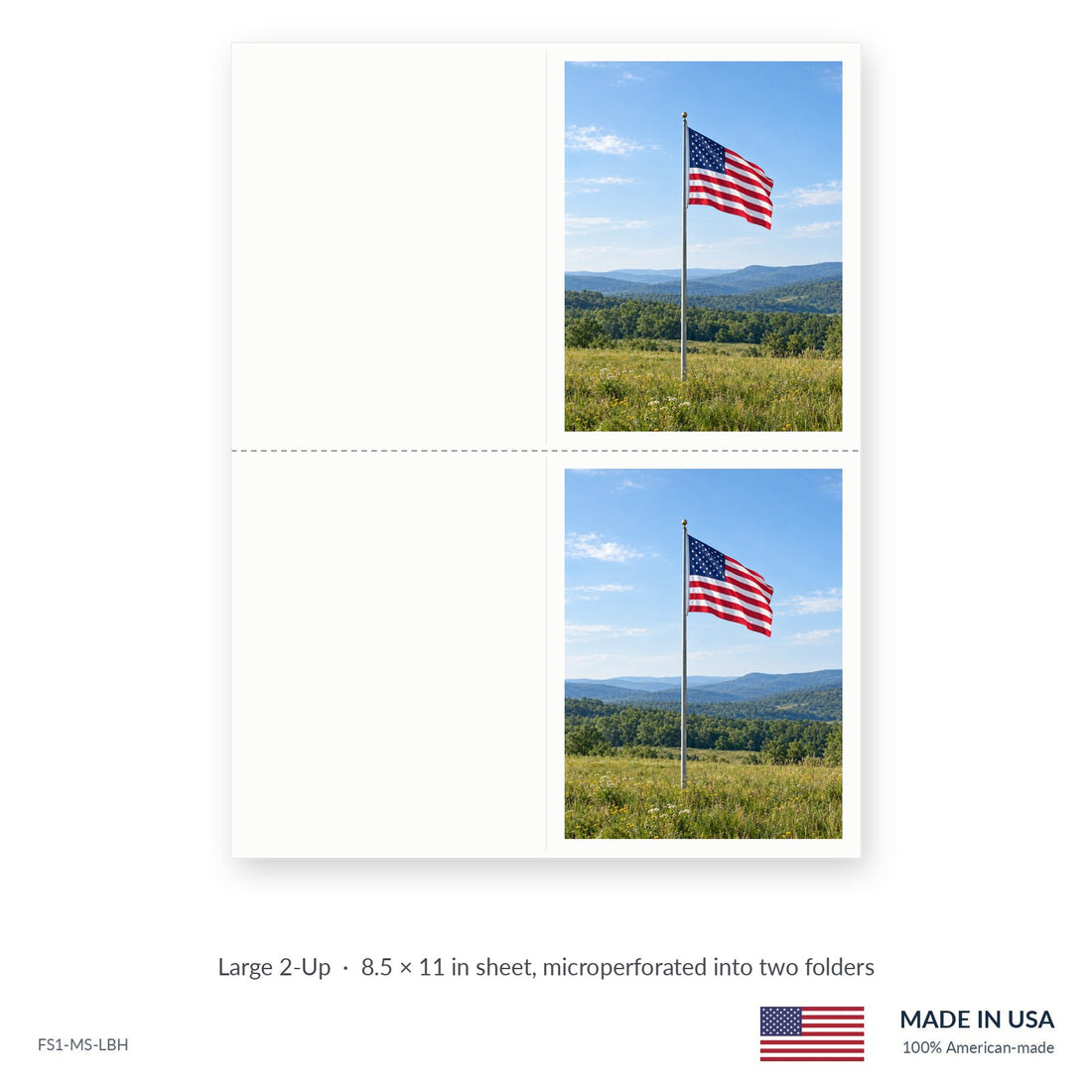 Country Flag funeral service folders, Large 2-Up 8.5 × 11 in sheet microperforated into two folders, Funeral Source One FS1-MS-LBH