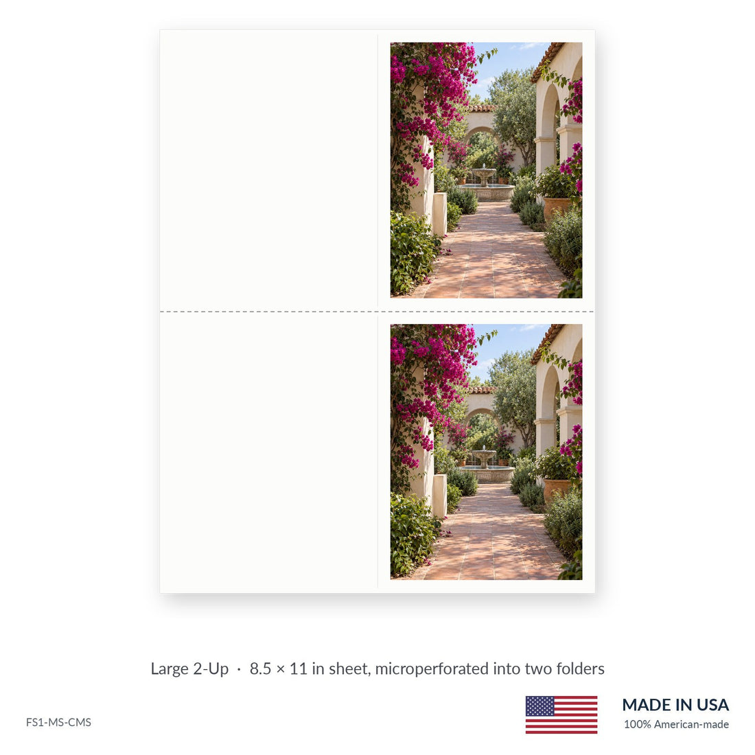Courtyard Garden funeral service folders, Large 2-Up 8.5 × 11 in sheet microperforated into two folders, Funeral Source One FS1-MS-CMS