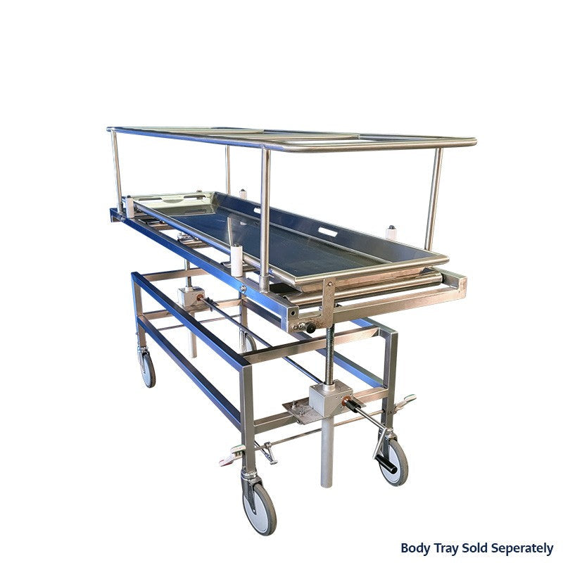 USPE-6400 304 stainless cadaver carrier with Made in the USA label, hand-crank elevation morgue equipment