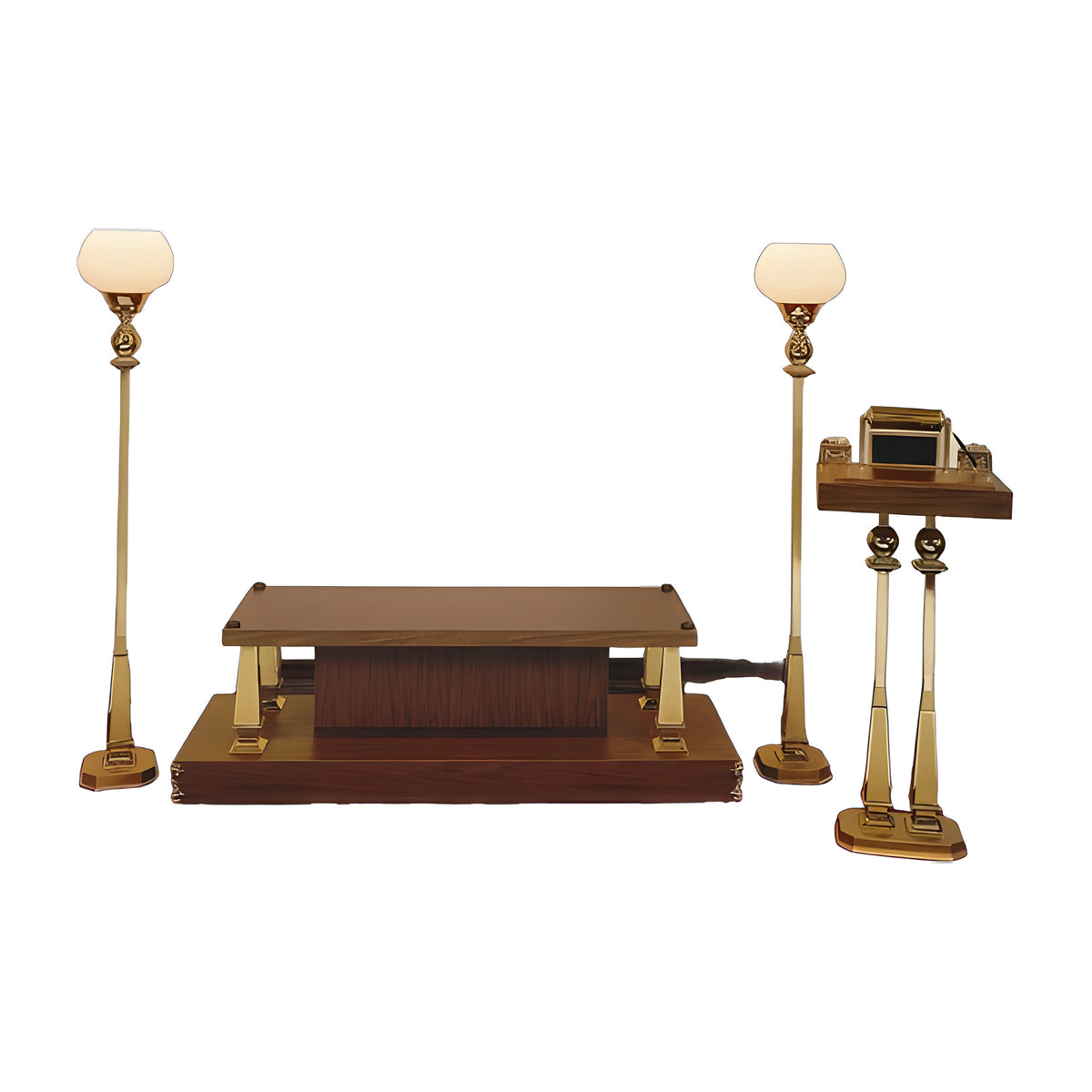 Crestline Chapel Set in walnut laminate with gold-tone accents by American Mortuary Equipment