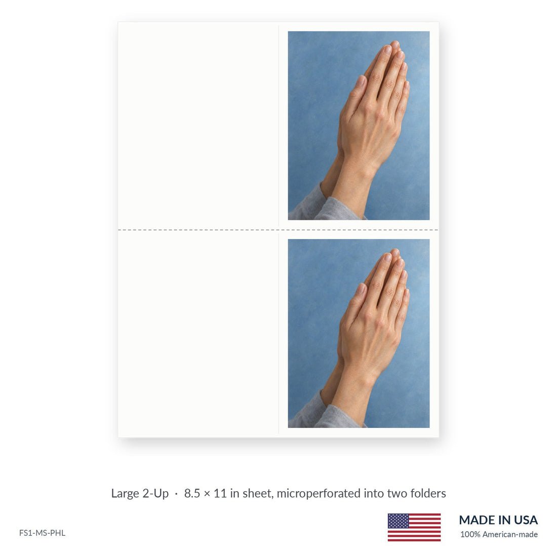 Devotion funeral service folders, Large 2-Up 8.5 × 11 in sheet microperforated into two folders, Funeral Source One FS1-MS-PHL