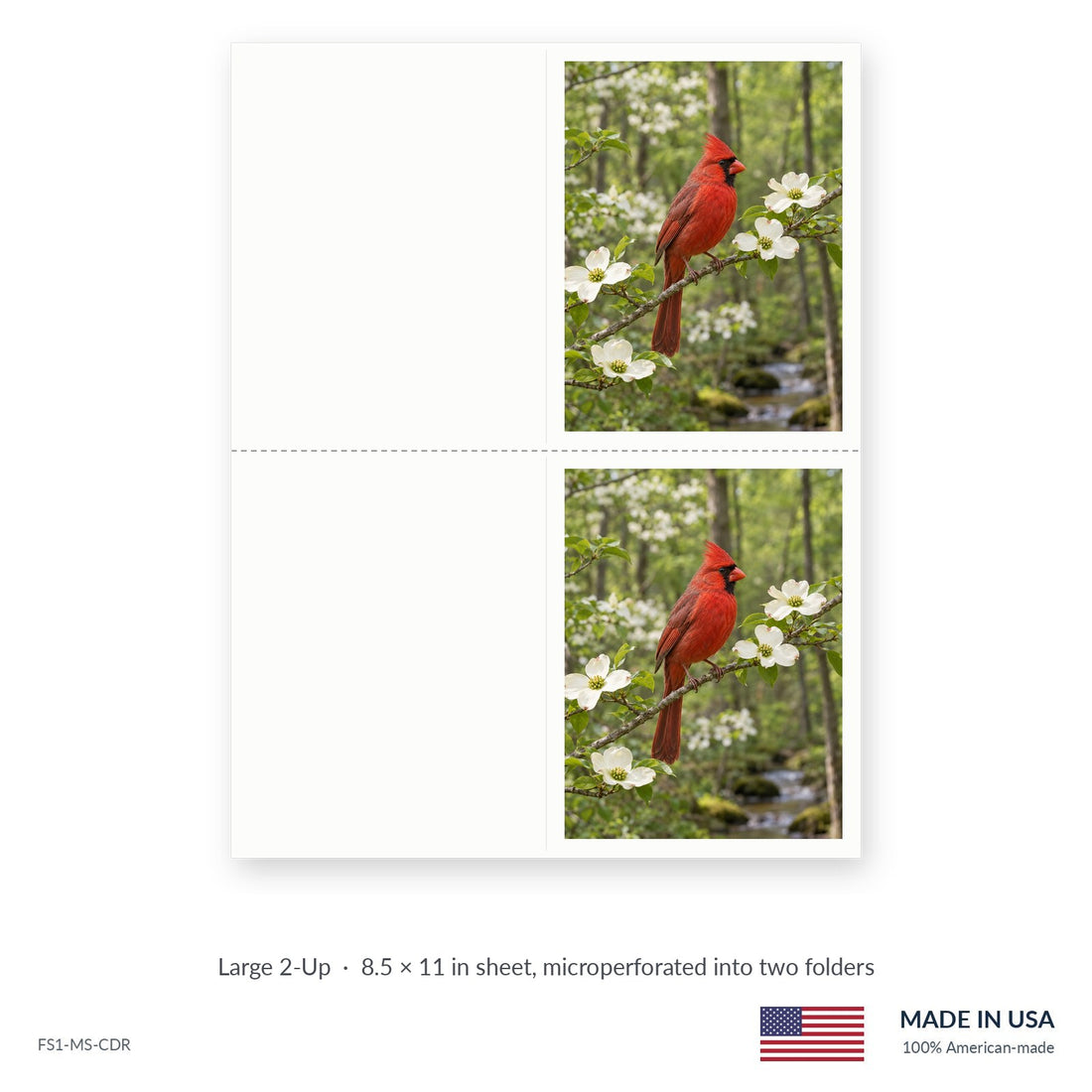 Dogwood Cardinal funeral service folders, Large 2-Up 8.5 × 11 in sheet microperforated into two folders, Funeral Source One FS1-MS-CDR
