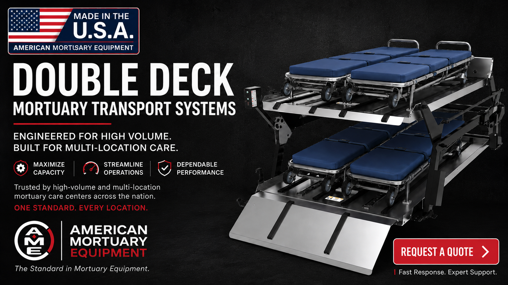 AME-DD2000-XLC double-deck mortuary transport system installed in full-size cargo van — American Mortuary Equipment oversized cot and cremation container deck for funeral homes