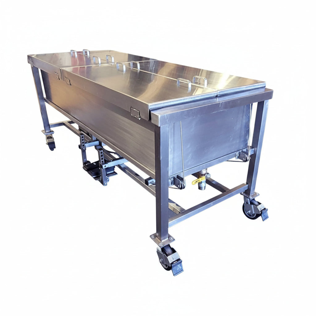 Model 1035-03P electric immersion dissection table with a two-piece stainless steel locking lid fully closed.